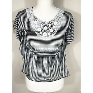 VTG IZ Amy Byer Women's M Striped Crochet Neckline Top 90s Y2K Dainty Peasant